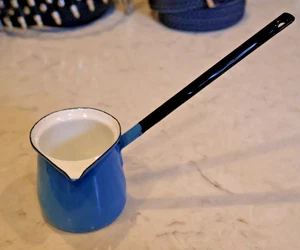 Vintage Enamelware Pour Spout Pot Sauce Creamer Blue #3  Made in Yugoslavia 1/2 - Picture 1 of 6