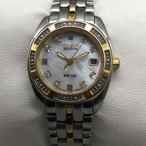 Citizen Eco-Drive Watch Womens 26mm Two Tone Diamond Date WR100 MOP Dial 5.5" - Picture 1 of 12