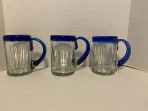 Vintage Hand-blown Mexican Glass Mugs w/Cobalt Blue Rim and Applied Handle - 2 - Picture 1 of 5