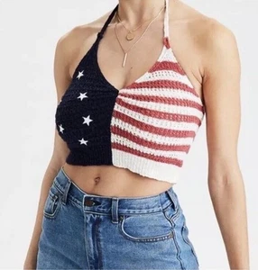 American Eagle gehäkeltes bauchfreies Neckholder-Top Amerika USA Flagge neu Small - Bild 1 von 7