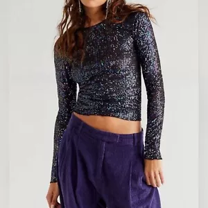 Free People Intimately Gold Rush Long Sleeve Black Combo Top Size S NWOT - Picture 1 of 6