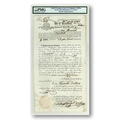 Original 1795 United States $1000 Treasury Certificate – PMG Certified - Image 1 of 2