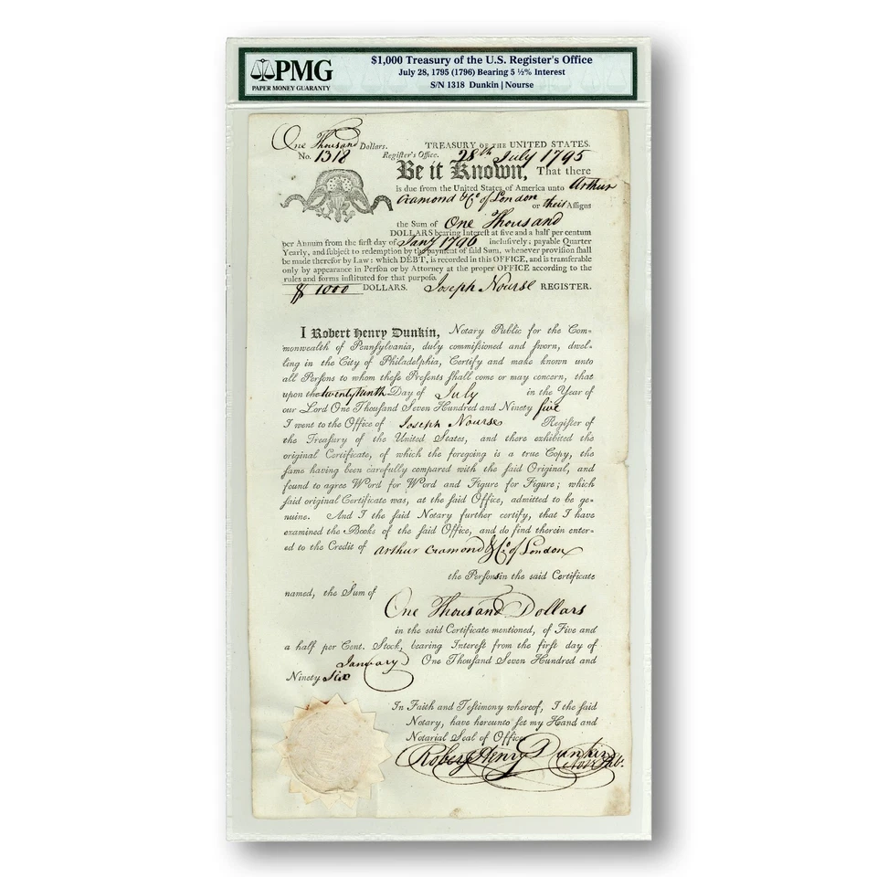 Original 1795 United States $1000 Treasury Certificate – PMG Certified - Image 1 of 2