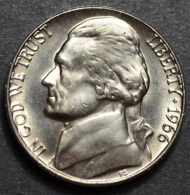 1966 P UNCIRCULATED JEFFERSON NICKEL FROM A SEALED BANK ROLL BUSINESS STRIKE #32 - Image 1 of 2