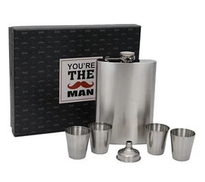 Stainless SteHip Flask Set with Shot Glasses & Funnel in Attractive Printed Box - Picture 1 of 4