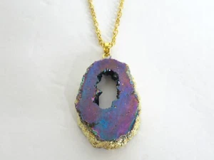 Purple Quartz Crystal Druzy Stone Necklace -Stone Pendant -  Gold Necklace - Picture 1 of 4