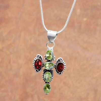 Faceted Peridot, Garnet Cut Gemstone 925 Sterling Silver Cross Christian Jewelry - Image 1 of 4