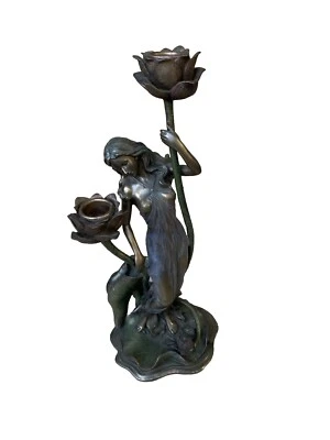 Bronze Sculpture - Nymphs : Fairy Candlestick Sculpture With Rose - Image 1 of 4