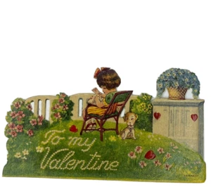 Valentinstag viktorianische gestanzte Grußkarte Mädchen Welpe Buchstabe Herzen Hortensien  - Bild 1 von 2