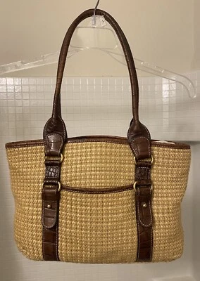 GIANI BERNINI DE COLECCIÓN Cartera Tejida Paja Tweed Cuero Borde Asas Boho Cottage Foto 1 de 4