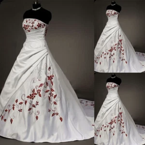 Vintage Satin Wedding Dresses Strapless White and Red Embroidered Bridal Gowns - Picture 1 of 9