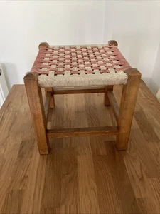 Vintage Wooden Woven Foot Stool Red Cord Seat Mid Century Rustic Children Retro - Picture 1 of 13