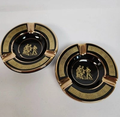 Lot of 2 Vintage 4" Ashtray 24KT Painted Gold Trimmed Handmade In Greece flawed - Image 1 of 4