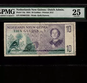 Netherlands New Guinea 10 Gulden 1954 P-14a * PMG VF 25 * Queen Juliana * - Picture 1 of 2