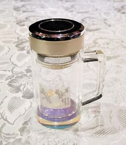 Art Glass Portable Drinkware Thermos W Strainer Holagram Effect & Asian Deco 