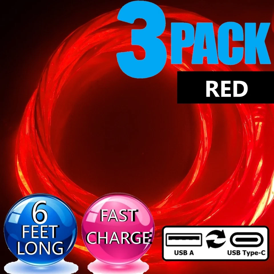 3 Pack LED Type C Fast Charge Cable Flowing USB for Galaxy A15 A16 A25 A35 A55 - Image 1 of 4