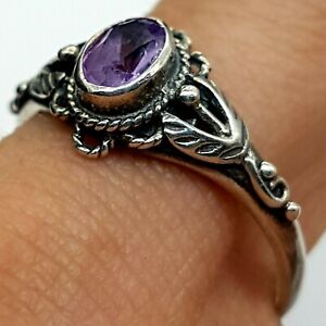 Unusual Sterling Silver & Amethyst Art Nouveau Style Ring ~ UK Size P 1/2 ~