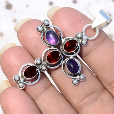 紫水晶,红色石榴石切割宝石十字架 925 纯银节日礼品吊坠 — 第 1/4 张图片
