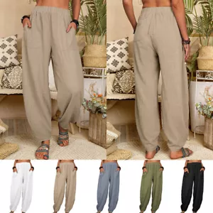 Summer Womens Cotton Linen Baggy Casual Harem Pants Trousers Elastic Waist S- ∂ - Picture 1 of 18