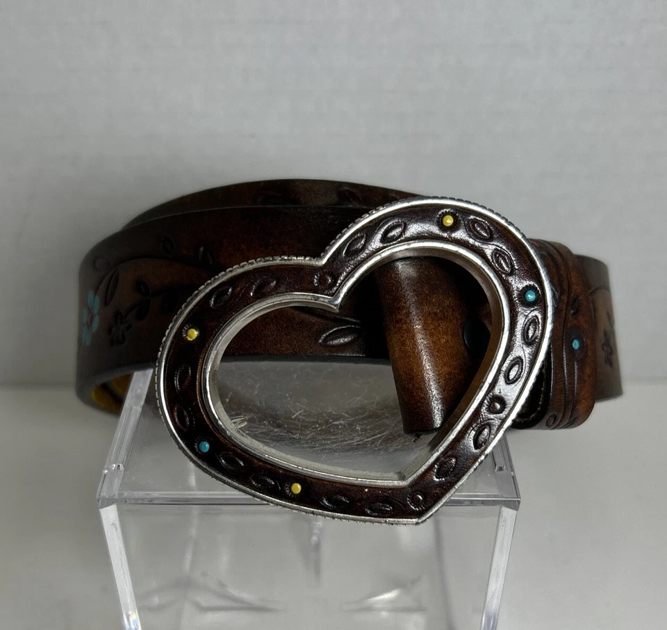 Cinturón Brighton Cuero Tooled Marrón Flores Talla L 34 Hebilla Corazón B20264 Boho  Foto 1 de 4