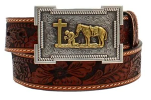 3D Western Boys Belt Leather Tooled Floral Cowboy Prayer Buckle Brown D120001808 - Picture 1 of 1