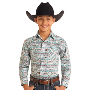 Rough Stock Boy's Southwestern Distressed Turquoise Button Down Shirt RBN2S05121 - Picture 1 of 7