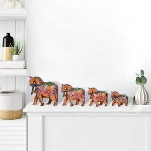 Jaipuri Shop Brown-Blue Hand Carved Wooden Horse Figurine 4 Pcs Set - Picture 1 of 4