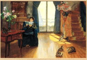 French artist Victor G.Gilbert Russian postcard LADY IN ROOM WITH BOOK & CATS - Bild 1 von 1