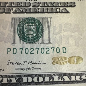 Repeater Bill Fancy Serial Number 20$ uncirculated bank note 2017A-PD702 702 70 - Picture 1 of 3
