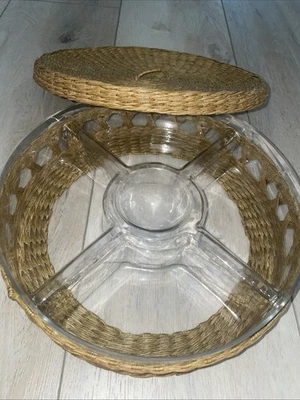 Vintage Round Wicker Woven Serving Tray With 1 Glass Insert 5 Divided Sections - Image 1 of 4
