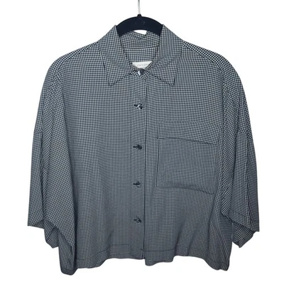 Vintage 90s Jones New York Shirt Gingham Crop Top Button Up Boxy Camp Collared - Image 1 of 4