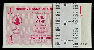 Zimbabwe 1 CENT P-33 2006 x 50 Pcs Lot BUNDLE Zimbabwean Bearer Check UNC NOTE - Image 1 of 4