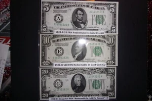 1928-B $20, $10, $5 FRN Redeemable In Gold-3 Note Lot-CU/AU - Picture 1 of 2