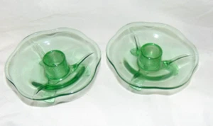 2 FENTON LOTUS 6-PETAL GREEN URANIUM VASELINE GLASS 3-FOOTED CANDLE HOLDER - Picture 1 of 3