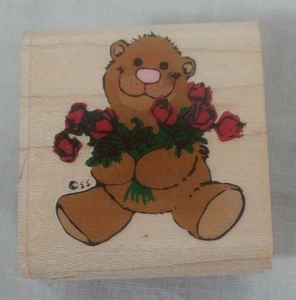 Suzy's Zoo Teddy w/Roses (742-C) wood block rubber hand stamp by Rubber Stampede - Picture 1 of 10