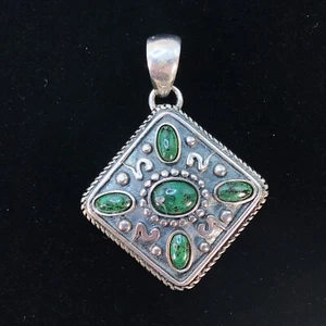 Green Stone Cabochon Sterling Silver 925 Pendant Square 9g Chunky Ethnic Boho - Picture 1 of 10