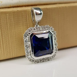 Vintage Art Deco Square Dark Blue Sapphire Sterling Silver Halo Pendant 16mm - Picture 1 of 12