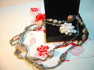 Solid Silver Vintage 38” Necklace-Pearls, Rose & Smokey Quartz, Moonstone, M-pea - Picture 1 of 10