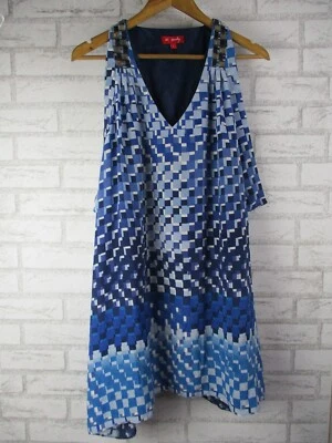 K Derhy womens a-line dress blue print silk beaded v-neck L - Image 1 of 4