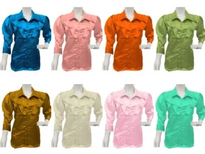 V-Ausschnitt Safari Kragen Hemd Satin Vintage Style Button Down Hemd Übergröße S140 - Bild 1 von 165