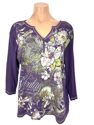 Top Nicole Miller New York Talla XL Manga 3/4 Púrpura con Cristales Algodón Floral Foto 1 de 4