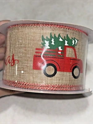 Fita decorativa estilo feriado, 2,5 pol. x 30 pés. "Feliz Natal" com caminhão vermelho novo na embalagem - Imagem 1 de 4