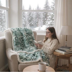Faux Fur Green White Plush Throw Blanket 50" X 60" Cozy Winter - Picture 1 of 10