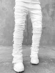 Stacked Jeans Men Skinny Ripped Jeans Slim Fit Patchwork Denim Pants - Picture 1 of 15