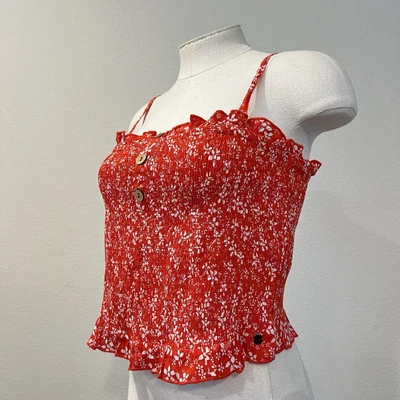 Roxy NEW Secret Sister Tank Top Smocked Removable Strap Floral Red Sz XL Beachy - Image 1 of 4