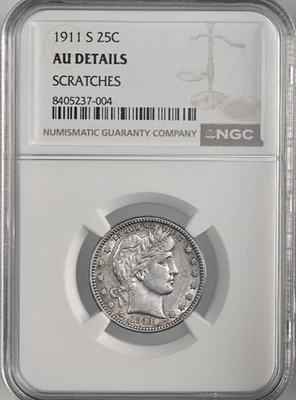 1911-S  25C BARBER SILVER QUARTER   NGC AU DETAILS "SCRATCHES"  #8405237-004 - Image 1 of 4