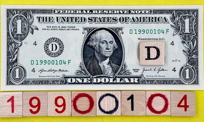 UNC 1990 January 4 Birthday Date Note Fancy Serial Number $1 Dollar Bill 0s 1s - Image 1 of 4