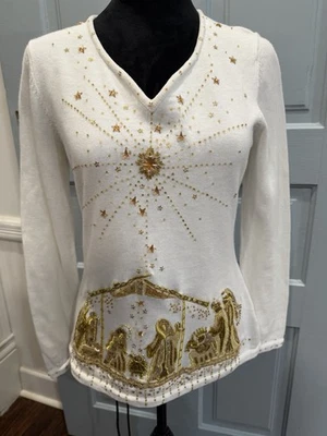 Belén vintage años 90 Berek blanco cuello en V pesebre Navidad vacaciones suéter talla S Foto 1 de 4