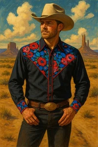 Vintage Mens 2X Western Button Up Shirt Black Floral Rhinestone Rodeo Pearl Stam - Picture 1 of 12