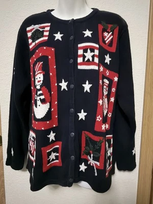 Women's Vtg QUACKER FACTORY Snowman Embellished Cardigan Sweater Size M - Image 1 of 4